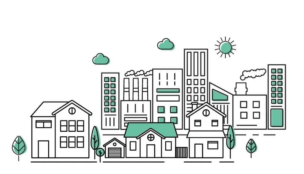 Illustration avec immeubles, maisons et usines.